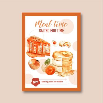 Salted egg Poster design with Chinese pastry, pie, cream watercolor illustration.  