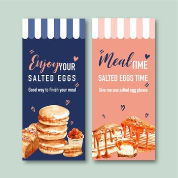 Salted egg flyer design with macarons, bread, crepe cake watercolor illustration.