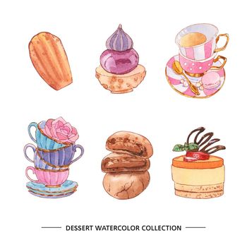 Various isolated watercolor dessert illustration on white background.