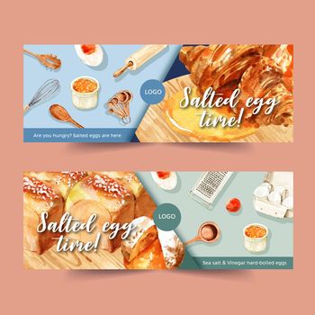 Salted egg Banner design with whisk, rolling pin, spoon watercolor illustration.  