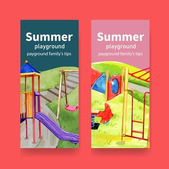 Playground flyer design with swing, slide, jungle gym watercolor illustration.