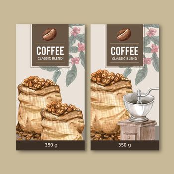 coffee packaging bag design with branch leaves bean, maker machine,watercolor illustration
