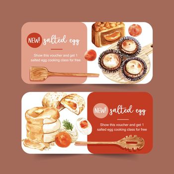 Salted egg voucher design with pancake, stuffed bun watercolor illustration.