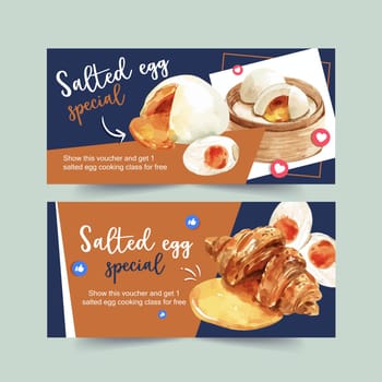 Salted egg voucher design with croissant, stemmed bun watercolor illustration.
