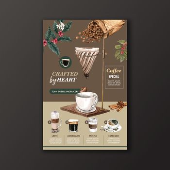 coffee cup type, americano, cappuccino, espresso menu, infographic watercolor illustration