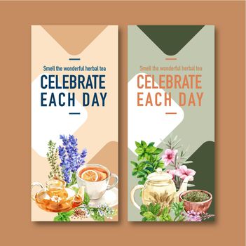 Herbal tea flyer design with sage, basil, peppermint watercolor illustration.  