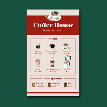 coffee house menu americano, cappuccino, espresso menu, infographic, watercolor illustration