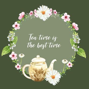 Herbal tea wreath design with Aster, Tea pot, leaf watercolor illustration.  