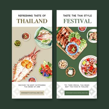 Thai food flyer design with crispy pork, grilled chicken illustration watercolor. 