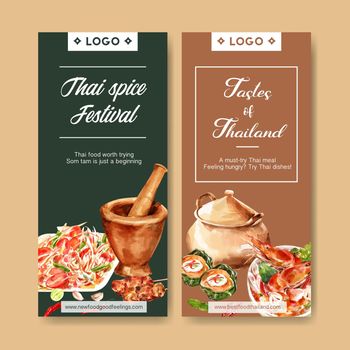 Thai food flyer design with  papaya salad, tom yum illustration watercolor. 