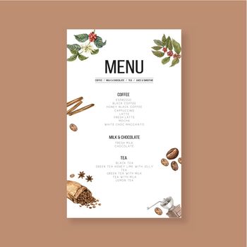 coffee house menu americano, cappuccino, espresso menu, infographic design, watercolor illustration