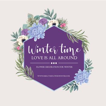 Winter bloom wreath design with  peony, anemone watercolor illus
