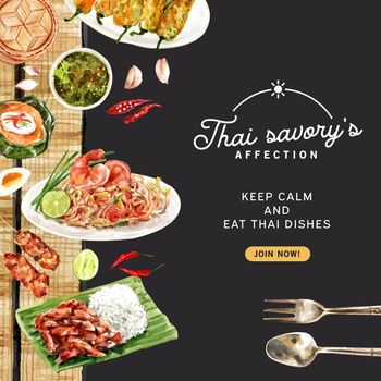 Thai food social media design with Pad Thai, fried pork illustration watercolor. 