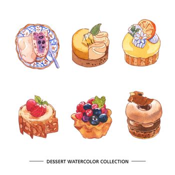 Set of various isolated watercolor dessert illustration on white background.
