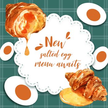Salted egg social media design with croissant watercolor illustration.