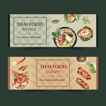 Thai food banner design with green curry, tom yum soup illustration watercolor.