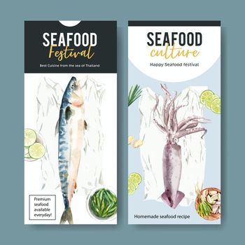 Seafood flyer design with mackerel, squid illustration watercolor. 