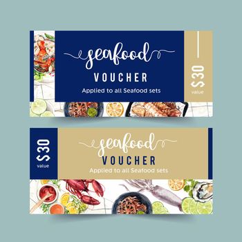 Seafood voucher design with crab, octopus, lobster illustration watercolor. 