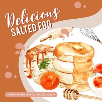 Salted egg social media design with cake, pancake, rolling pin watercolor illustration.