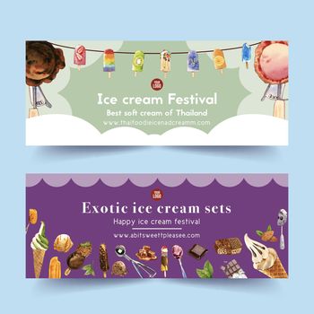Ice cream banner design with mix fruits, chocolate watercolor illustration.  