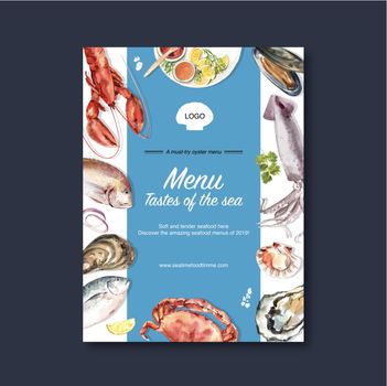 Seafood poster design with oysters, shell, squid, fish illustration watercolor.