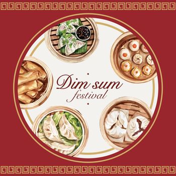 Dim sum wreath design with dumpling, spring roll watercolor illustration.  