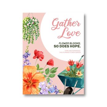 Flower garden poster design with Hibiscus, leaf, flowerpot watercolor illustration.  