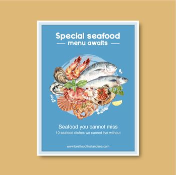 Seafood poster design with fish, mud crab, shell illustration watercolor. 