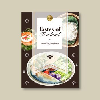 Thai food poster design with rice, boiled vegetable illustration watercolor. 