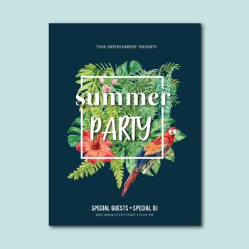 Summer poster design holiday party on the beach sea sunshine nature. vacation time, creative watercolor vector illustration design