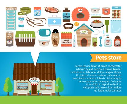 Pet shop. Pets accessories and vet store. Tongs and plate, shampoo and syringe, leash and food, vector illustration