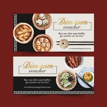 Dim sum voucher design with dumpling, spring roll watercolor illustration. 