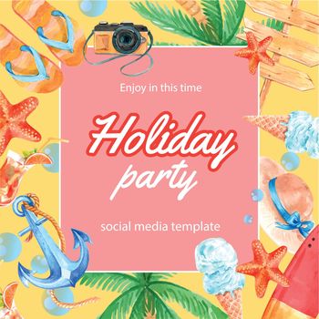 Travel on Holiday summer the beach Palm tree vacation, sea and sky sunlight , creative watercolor vector illustration design