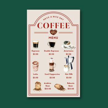 coffee house menu americano, cappuccino, espresso menu, infographic design, watercolor illustration
