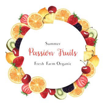 Tropical season fruits wreaths banner design, passion fruit orange fresh and tasty frame,watercolor card design vector illustration