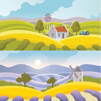 Rural landscape banner set  with flat countryside elements isolated vector illustration