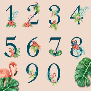 Number Tropical Alphabet typographic design summer with plants foliage, creative watercolor vector illustration design