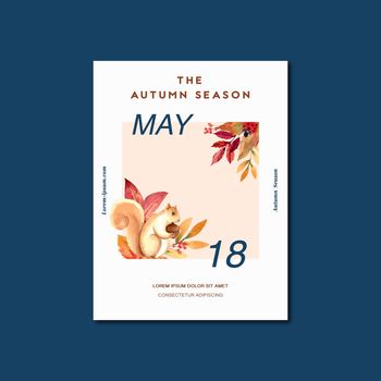 Autumn season Poster layout design with leaves and animal. Autumn greetings cards perfect for print ,invitation, template ,watercolor vector illustration design