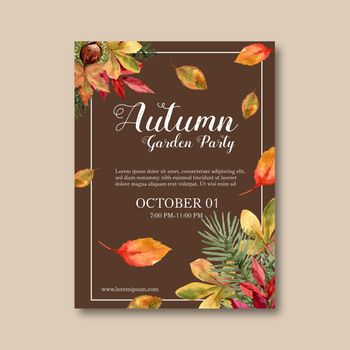 Autumn themed Poster design with plants concept, watercolour foliage vector illustration template