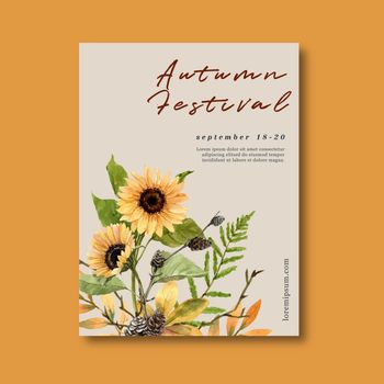 Autumn themed Poster design with plants concept, beautiful sunflower illustration template