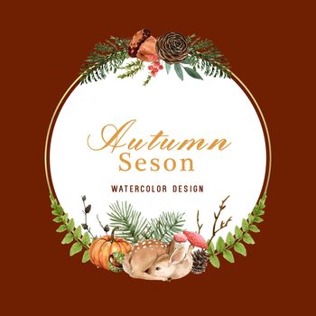 Wreath Design with Autumn theme, watercolour peaceful forest vector illustration Template