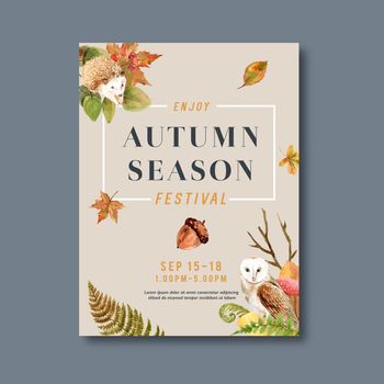 Autumn themed Poster design with plants concept, chestnut centered illustration template