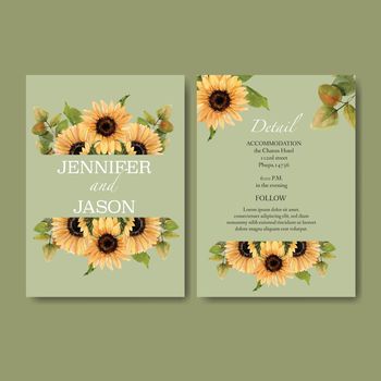 Wedding Invitation watercolour design with sunflower theme, beige background vector illustration 