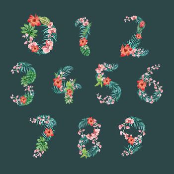 Tropical Alphabet San-serif font typographic design summer with plants foliage concept,creative watercolor vector illustration design