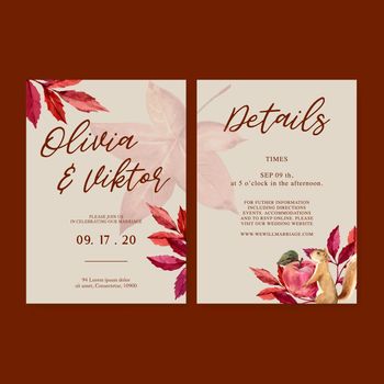 Wedding Invitation watercolour design with simple Autumn theme, green warm vector illustration 