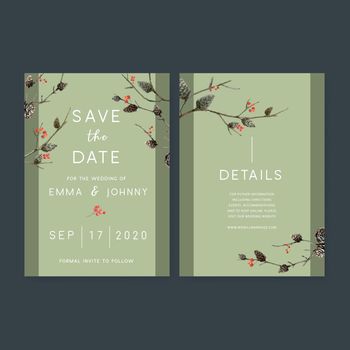 Wedding Invitation watercolour design with forest theme, vibrant vector illustration 