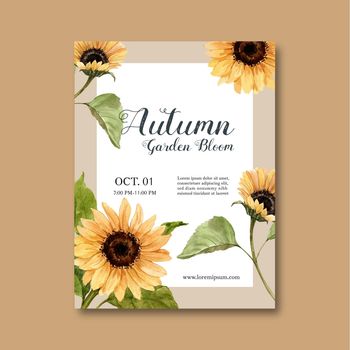 Autumn themed Poster design with plants concept, bright sunflower vector illustration template