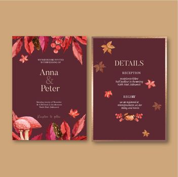Wedding Invitation watercolour design with beautiful Autumn theme, red-toned vector illustration 