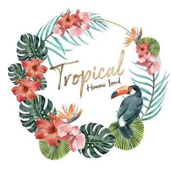 Wreath Design with tropical theme, toucan with foliage vector illustration template