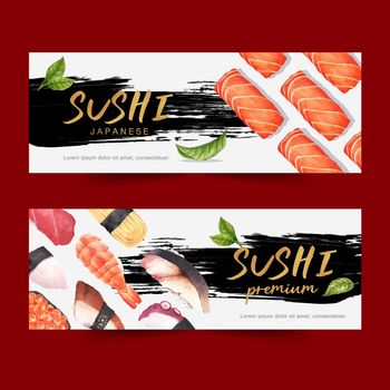Sushi set illustrations for banners. Creative watercolour template design for commercial use.